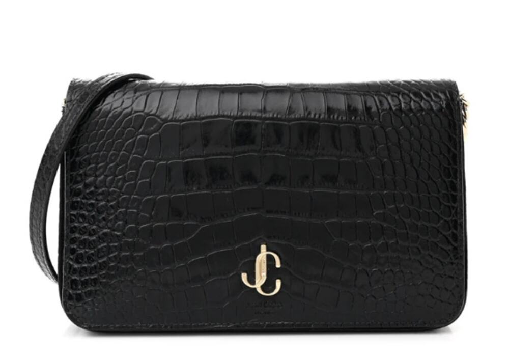 JIMMY CHOO Palace Croc-Embossed Crossbody Purse Black Leather and Chain Strap